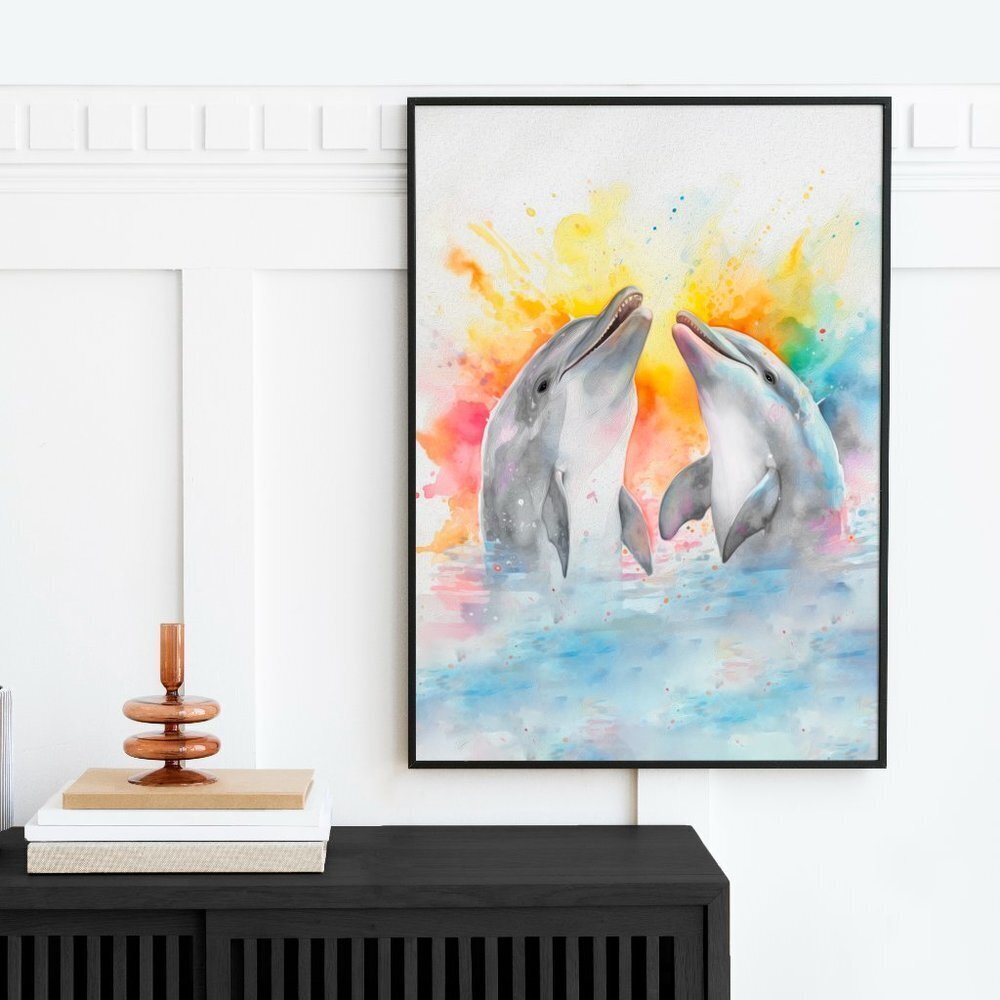 16x20 Happy Dolphins Playing‎ Splashing Watercolor Oil Painting Fantasy Poster - Picture 6 of 6